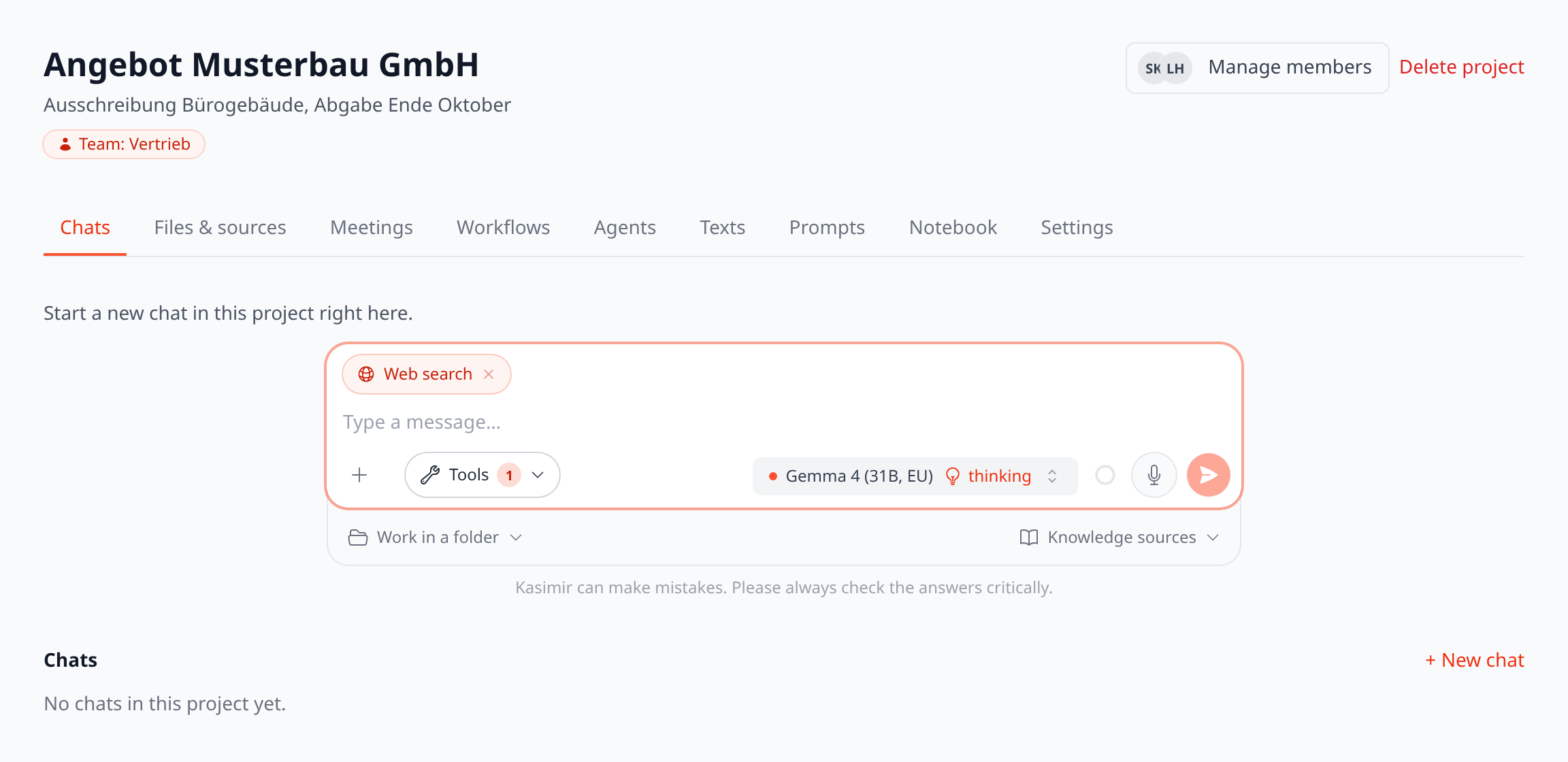 The project page with home team, tabs and chat input