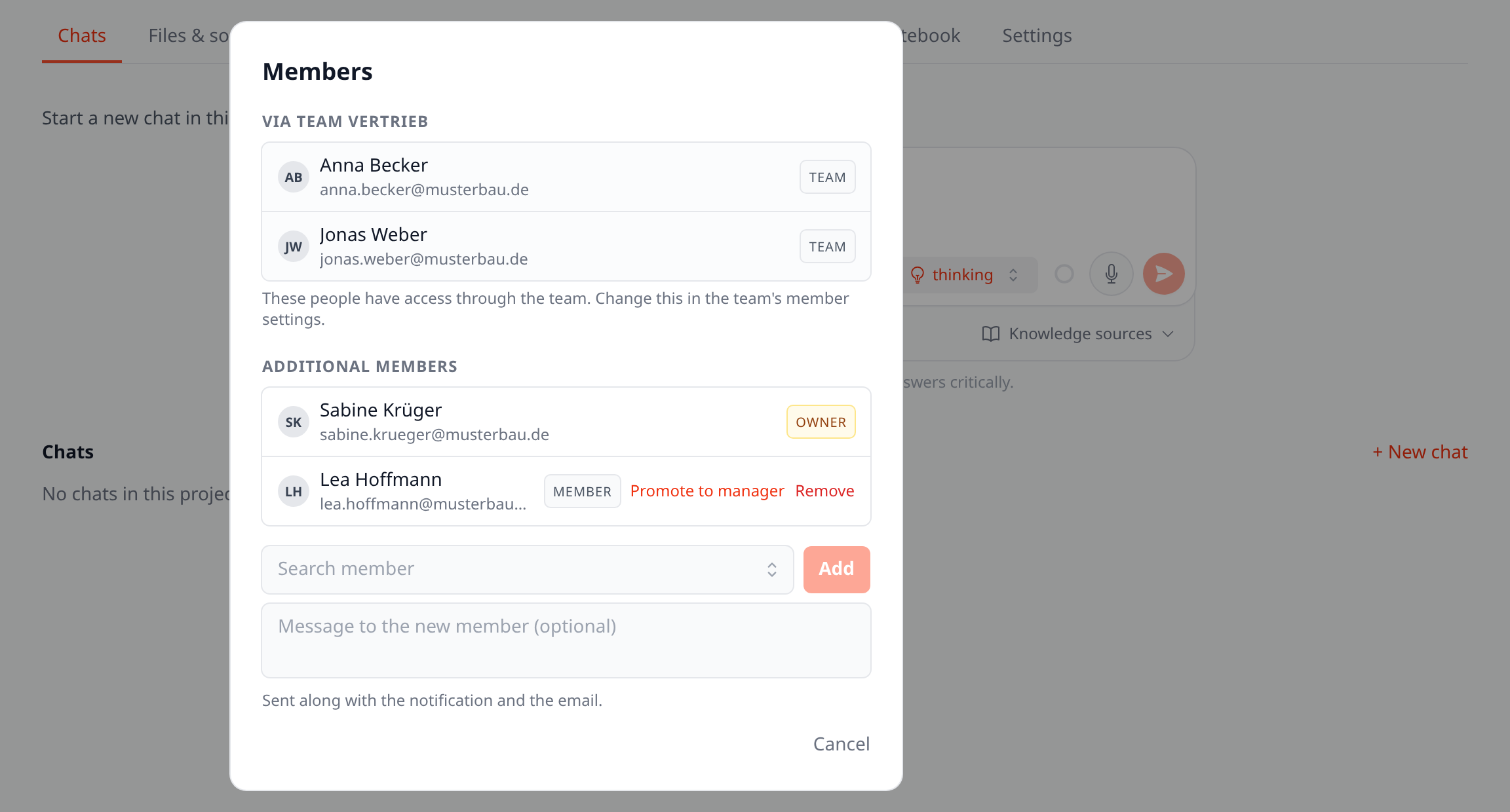 Members of a project with a home team: via the team at the top (read-only), additional members below
