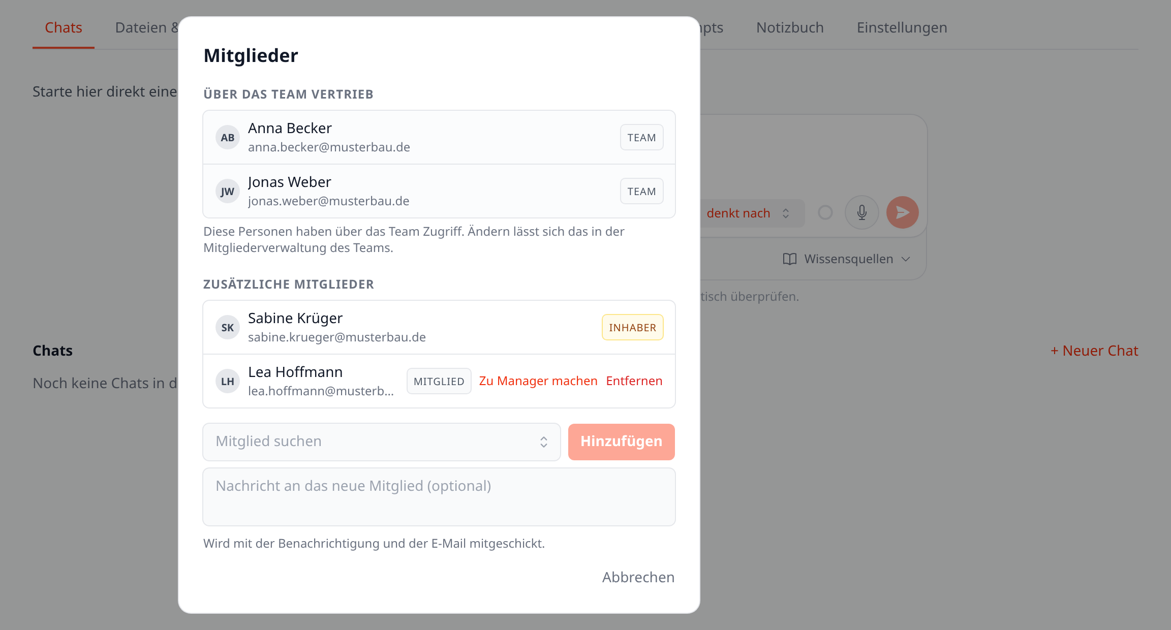 Mitglieder eines Projekts mit Heimteam: oben über das Team (nur lesend), darunter zusätzliche Mitglieder