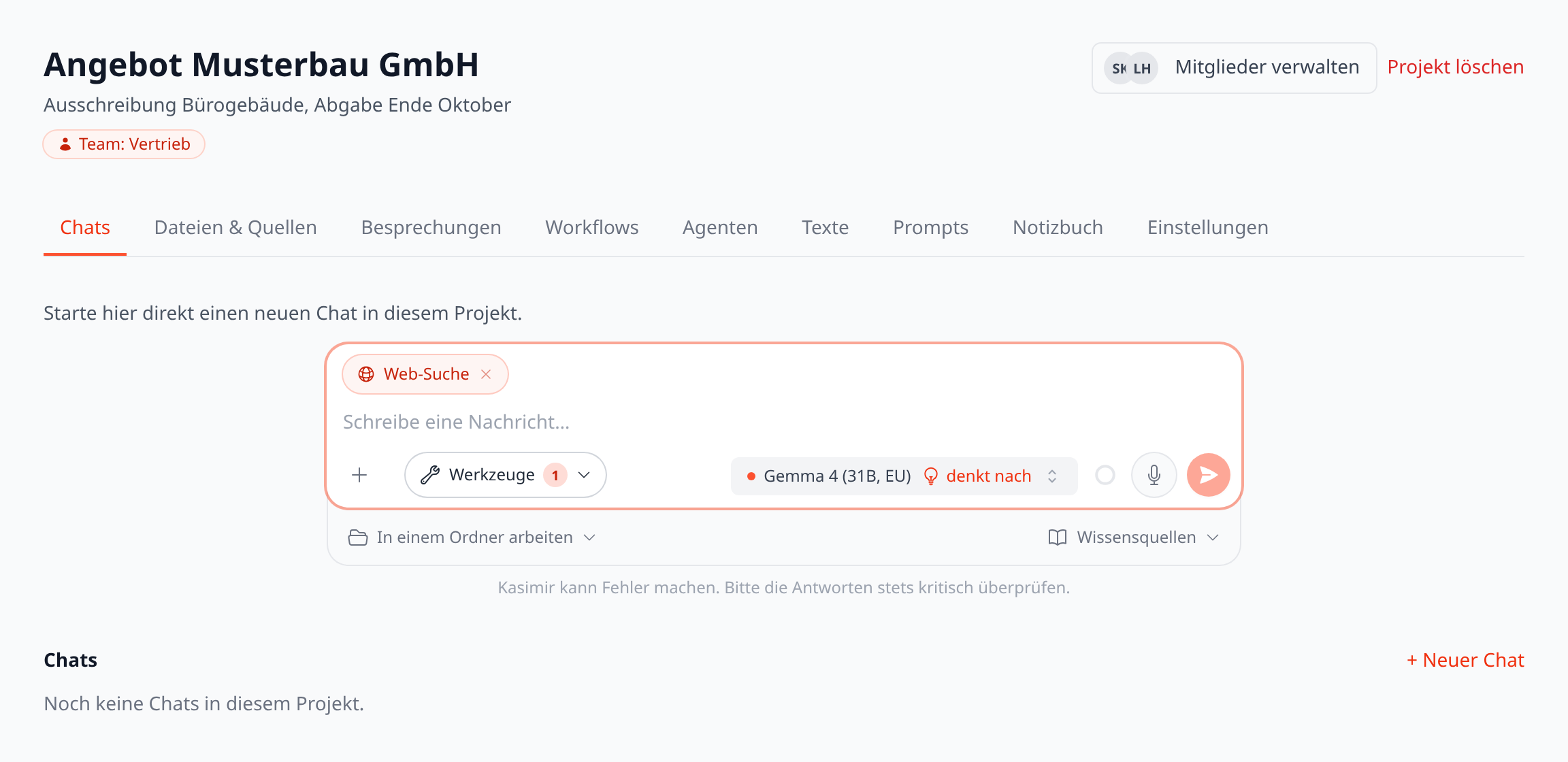 Die Projektseite mit Heimteam, Tabs und Chat-Eingabe