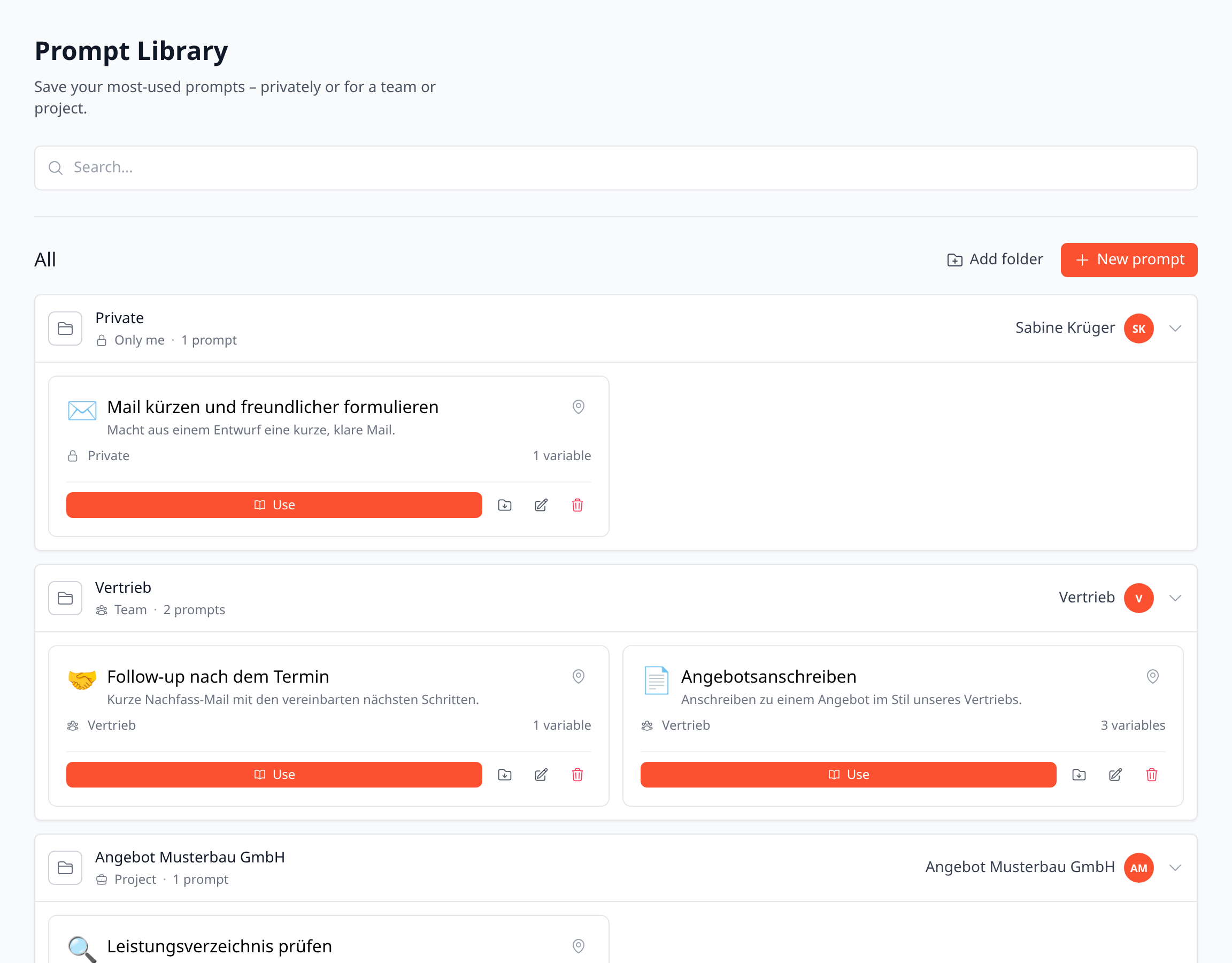 The Prompt Library: sections for private, each team and each project