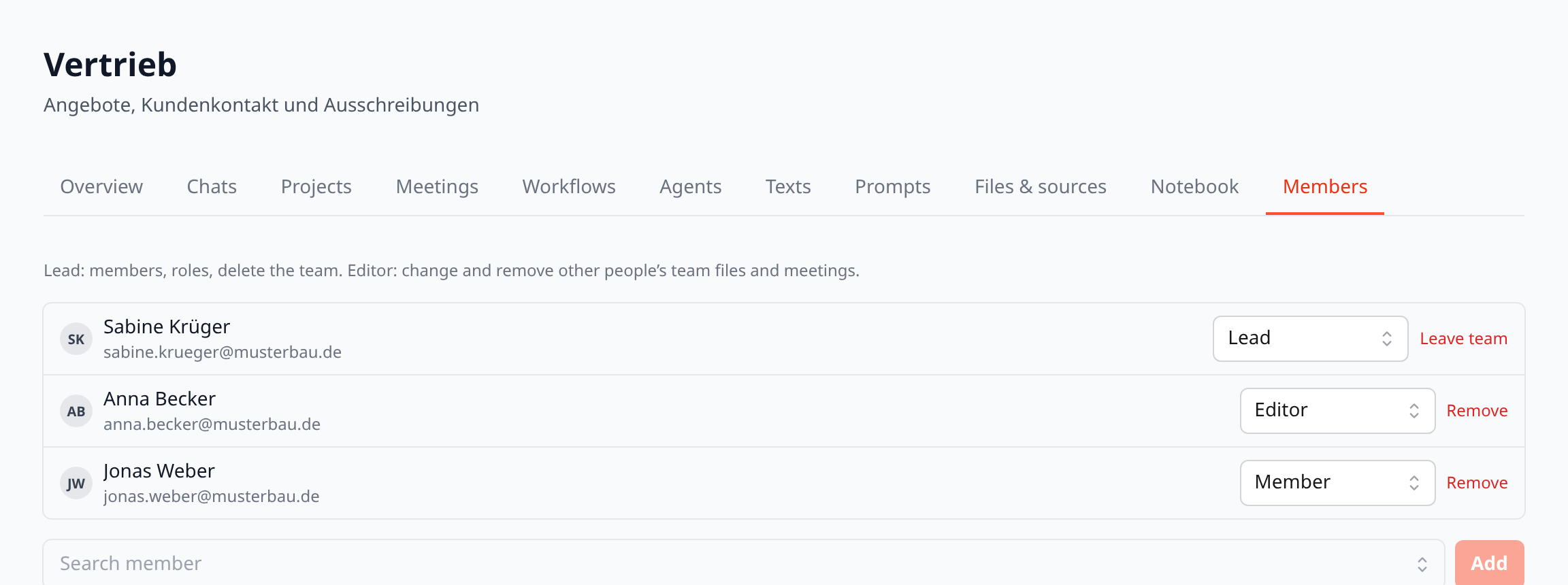 Team roles: lead, editor, member