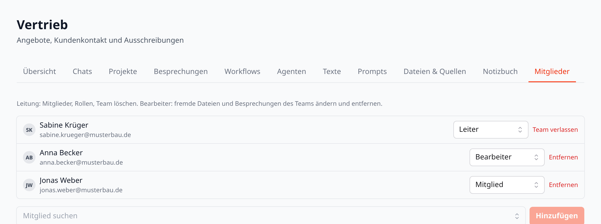 Rollen im Team: Leitung, Bearbeiter, Mitglied