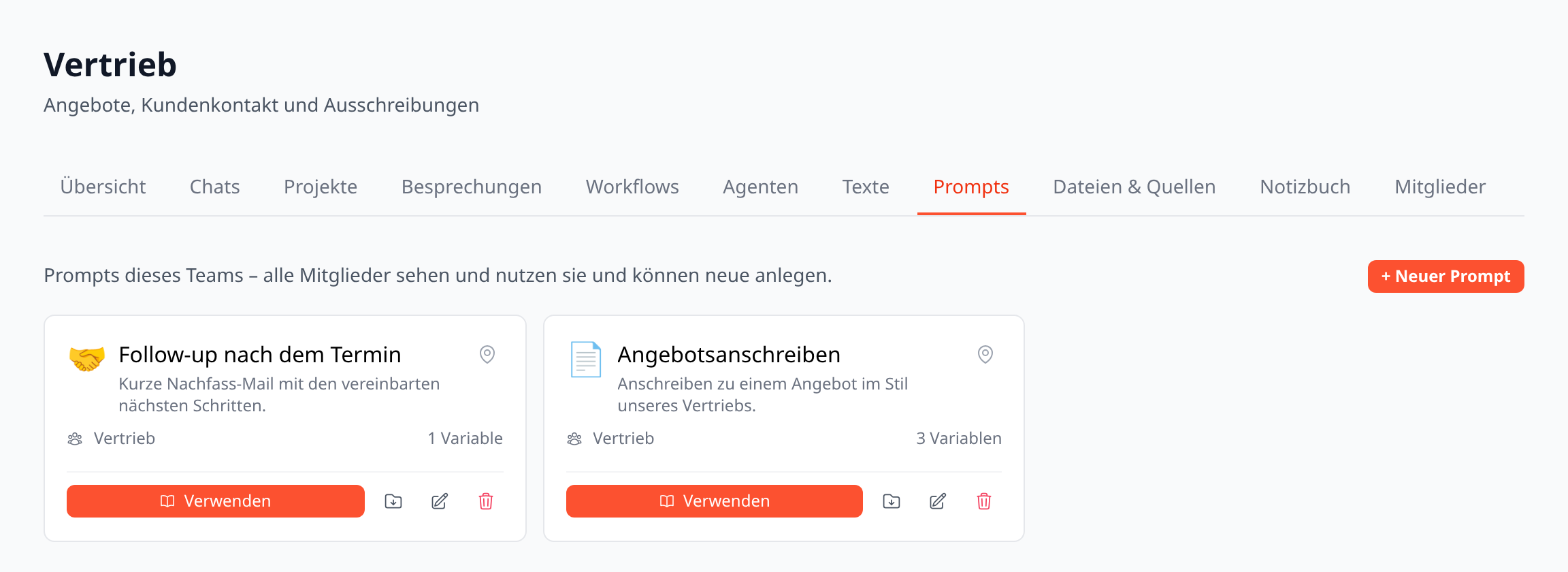 Der Tab „Prompts“ zeigt die Prompts des Teams